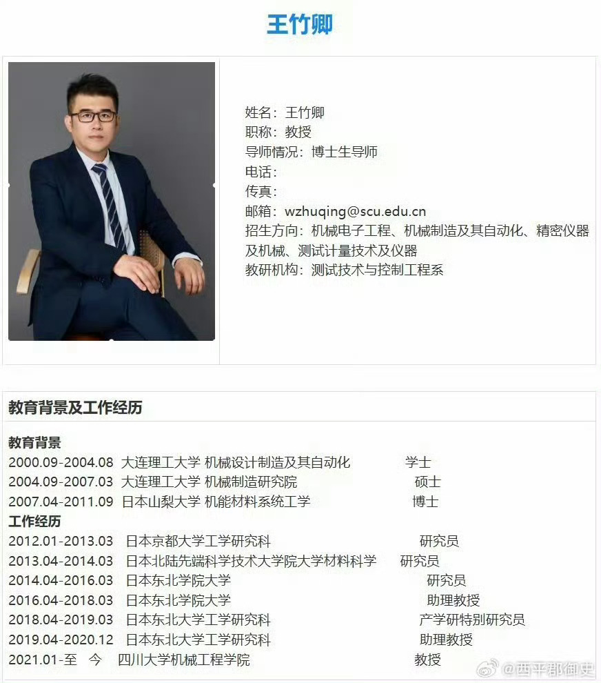 Profile of Professor Wang Zhuqing, showing his name, title (Professor), and educational background