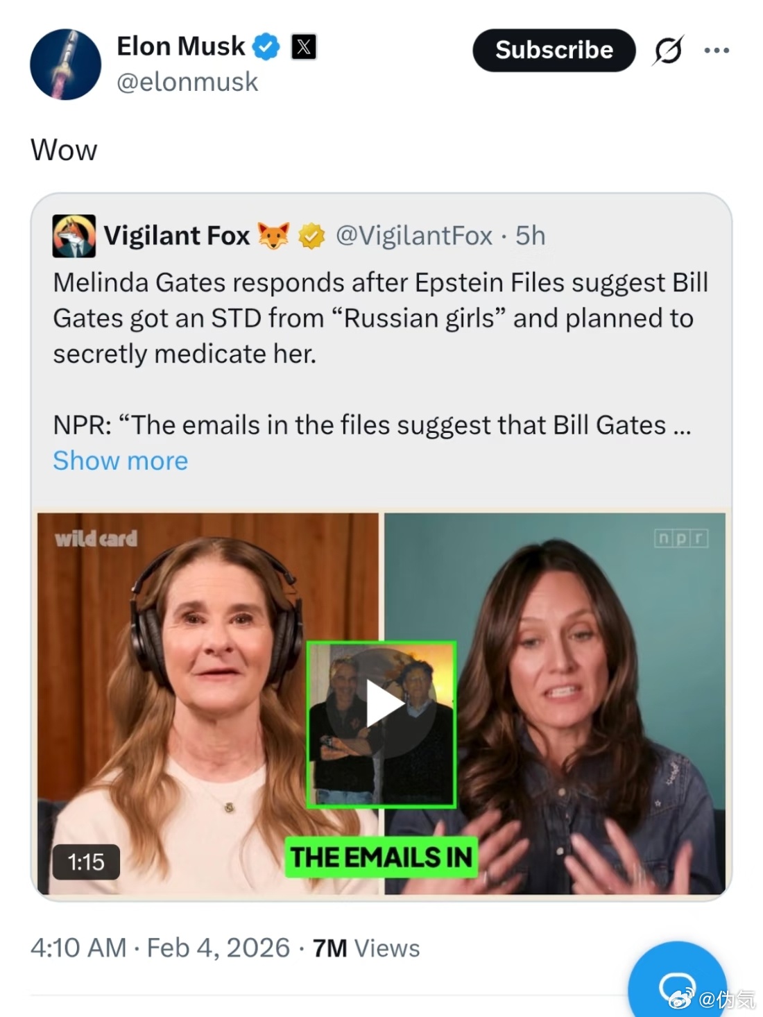Elon Musk's tweet referencing Melinda Gates's response to Epstein Files allegations