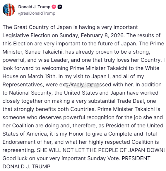 Trump’s tweet endorsing Takaiichi