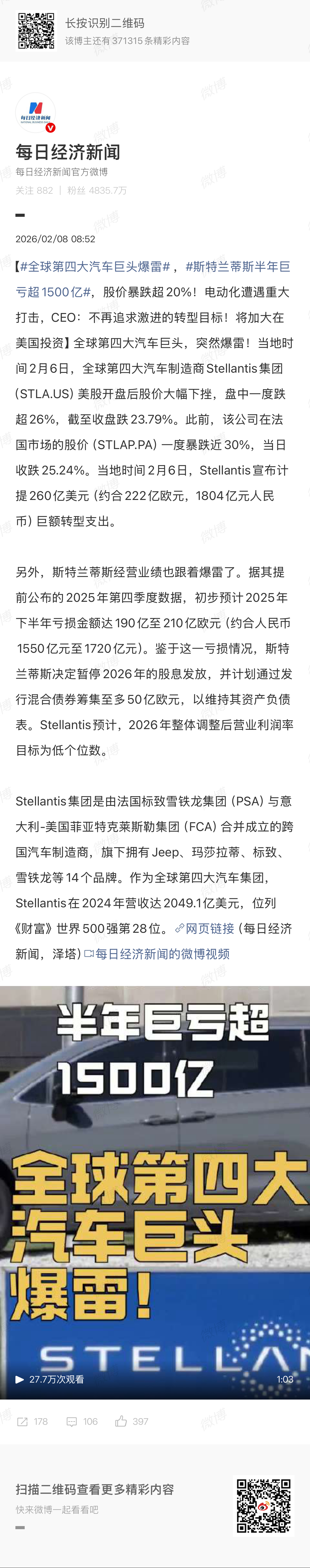 News article from Daily Economic News highlighting Stellantis’ $150 billion loss