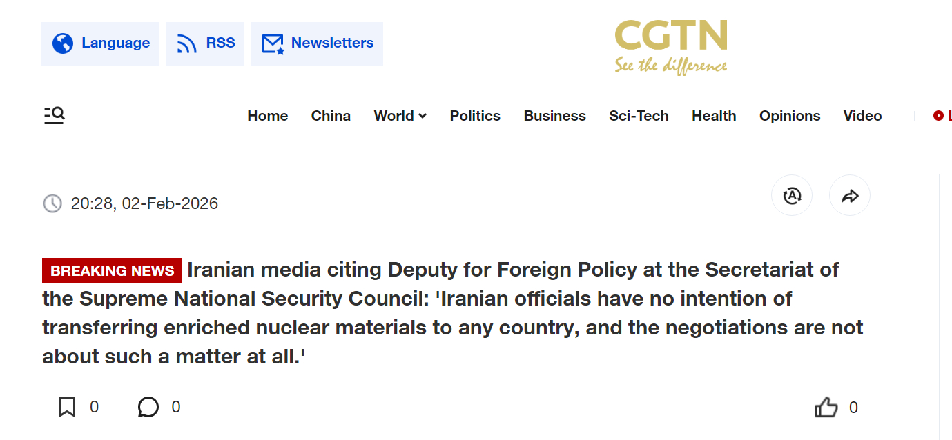 A CGTN news article headline stating that Iranian officials have no intention of transferring enriched nuclear materials and that negotiations are not about this issue