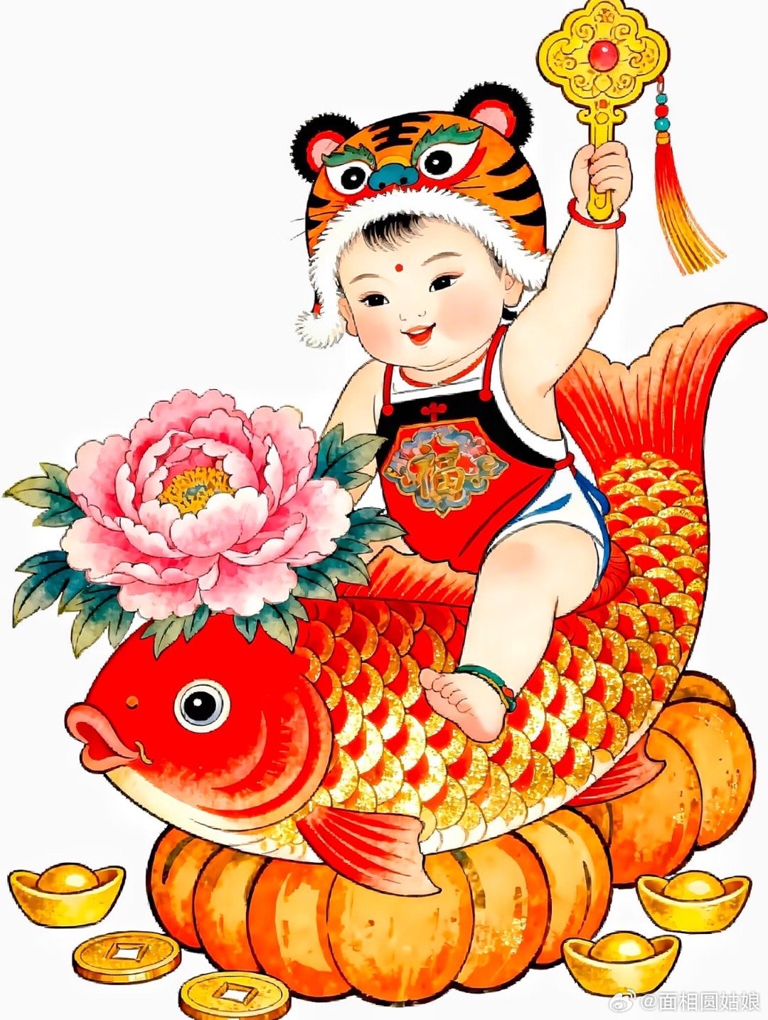 A traditional Chinese New Year illustration of a child riding a fish, holding a golden ingot, surrounded by gold ingots and coins, symbolizing prosperity.